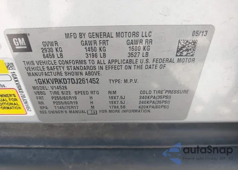 2013 GMC Acadia Slt-1 from USA, damaged, VIN 1GKKVRKD7DJ261452